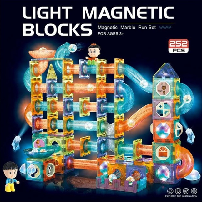 مجموعة بناء مسارات الكرات المغناطيسية المضيئة (Light Magnetic Marble Run) - 252 قطعة