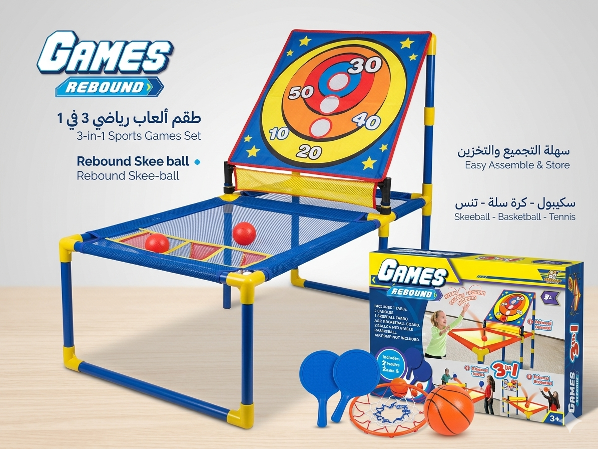 طقم ألعاب المهارة 3 في 1 (سكيبول، كرة سلة، وتنس) - Games Rebound